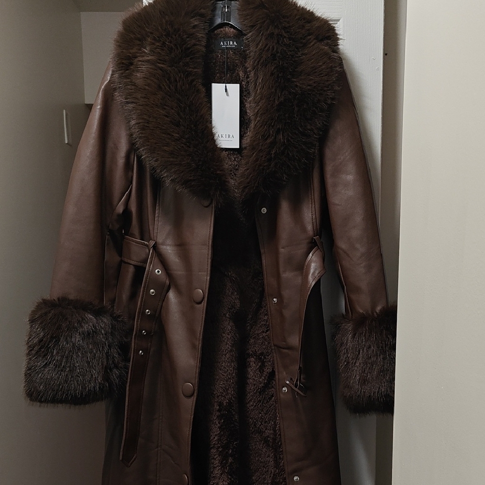 Akira Chocolate Brown Faux Leather Jacket with Faux Fur Trim